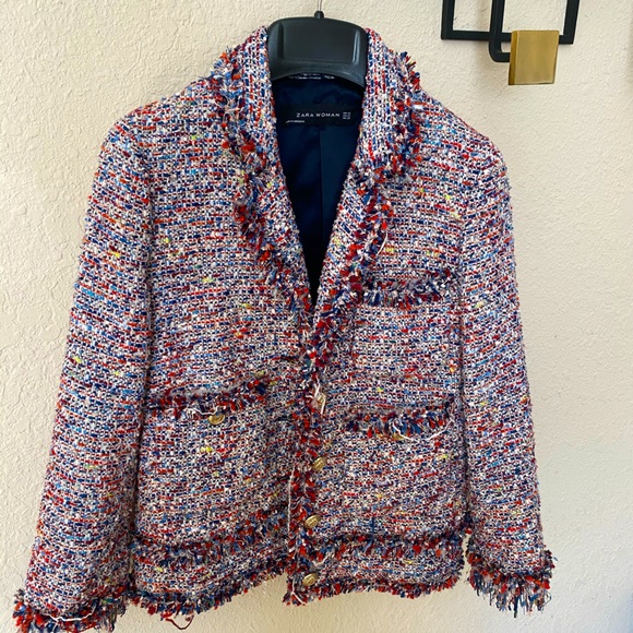 zara blue tweed jacket